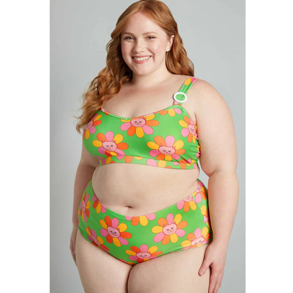 ModCloth Large Marisol Muro Sara High Waisted Bikini Bottom Green Floral Cat - Picture 2 of 8